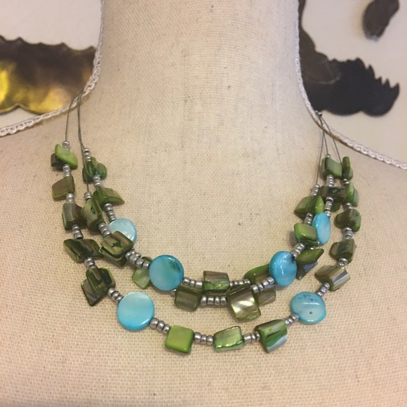 Multi strand silver tone abalone shell necklace - Picture 1 of 6